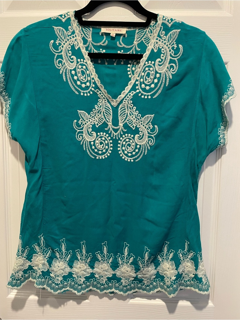 Solitaire Teal V-Neck Embroidered Women's Tunic